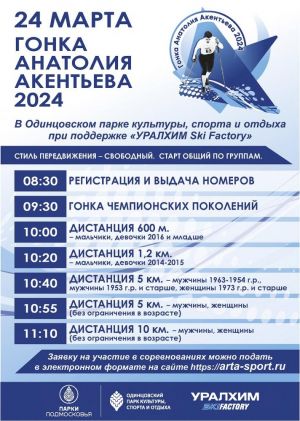Лыжная гонка  Анатолия Акентьева пройдёт в Одинцовском парке культуры, спорта и отдыха 24 марта